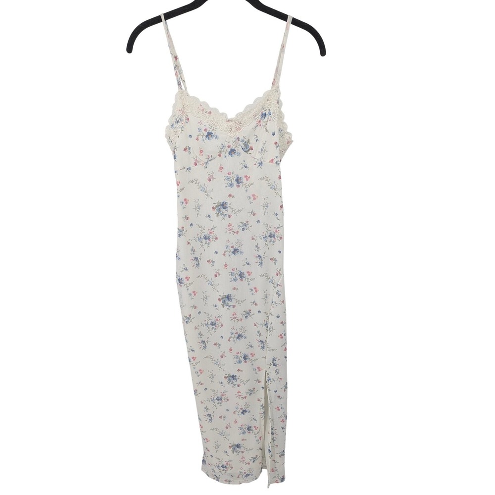 Y2K Coquette Midi Slip Dress XXS‎ White Floral Lace Side Slit Soft Girl Bride